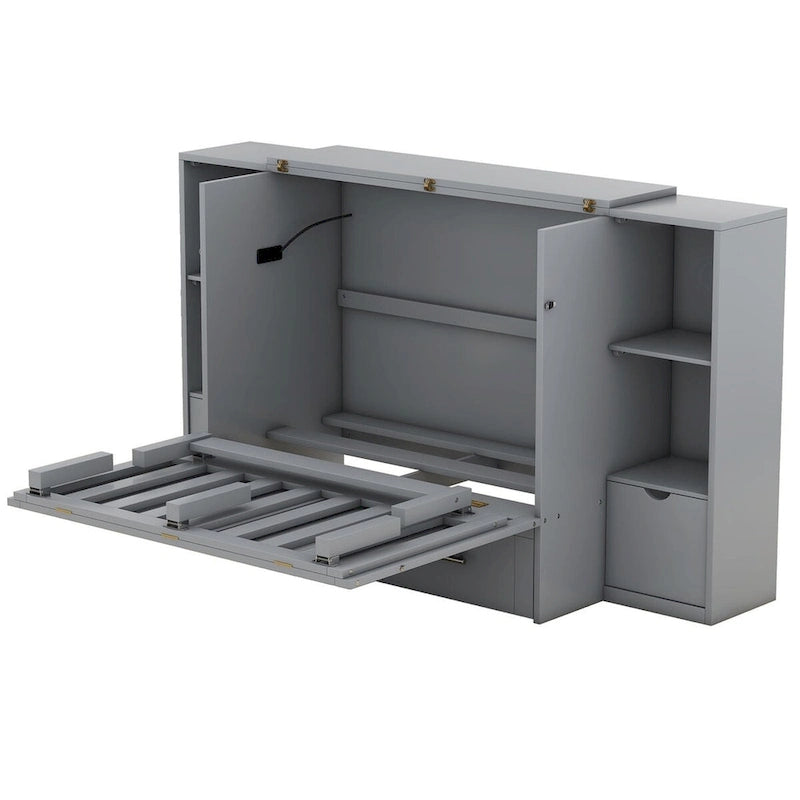 Lit escamotable blanc/gris, grand lit, 1 place, avec étagères, tiroirs et ports USB