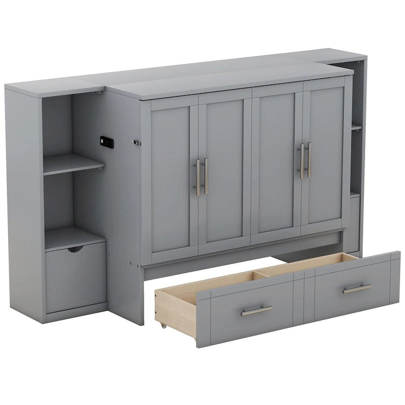 Lit escamotable blanc/gris, grand lit, 1 place, avec étagères, tiroirs et ports USB