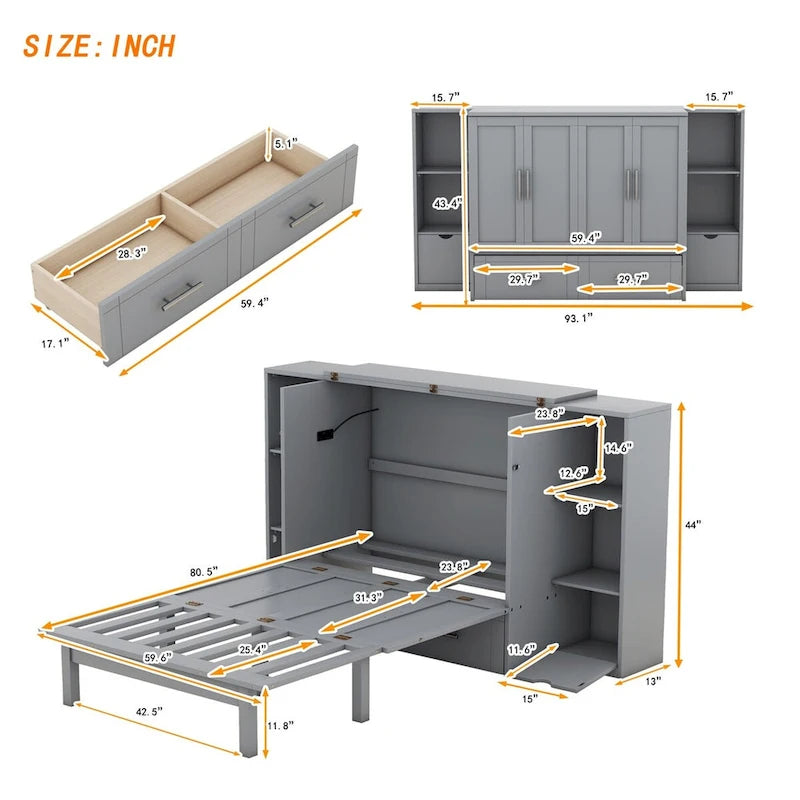 Lit escamotable blanc/gris, grand lit, 1 place, avec étagères, tiroirs et ports USB