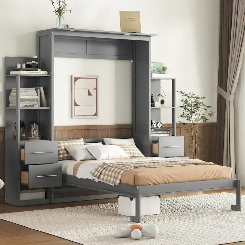 Lit escamotable mural pleine grandeur gris/blanc avec étagères, tiroirs et lumières LED – 1 place
