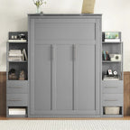 Lit escamotable mural pleine grandeur gris/blanc avec étagères, tiroirs et lumières LED – 1 place