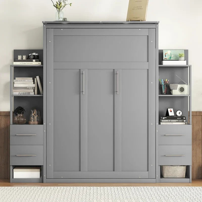 Lit escamotable mural pleine grandeur gris/blanc avec étagères, tiroirs et lumières LED – 1 place
