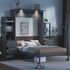 Lit escamotable mural pleine grandeur gris/blanc avec étagères, tiroirs et lumières LED – 1 place