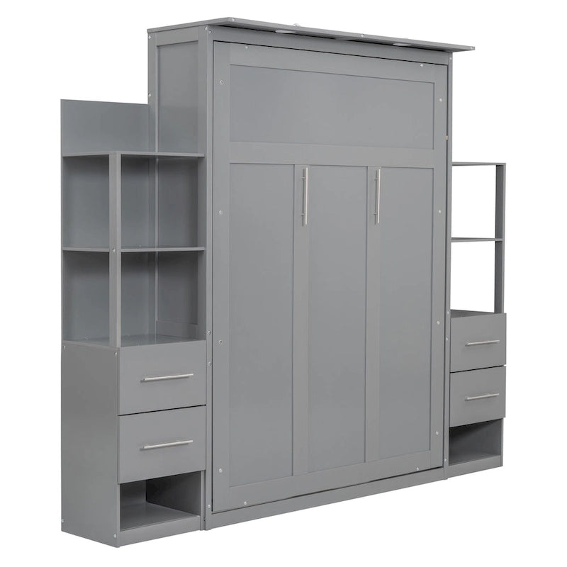 Lit escamotable mural pleine grandeur gris/blanc avec étagères, tiroirs et lumières LED – 1 place