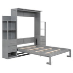 Lit escamotable mural pleine grandeur gris/blanc avec étagères, tiroirs et lumières LED – 1 place