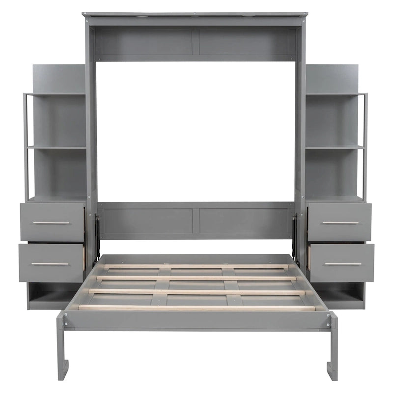 Lit escamotable mural pleine grandeur gris/blanc avec étagères, tiroirs et lumières LED – 1 place