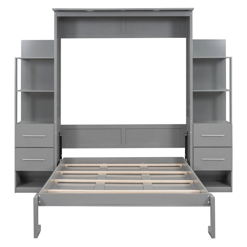 Lit escamotable mural pleine grandeur gris/blanc avec étagères, tiroirs et lumières LED – 1 place