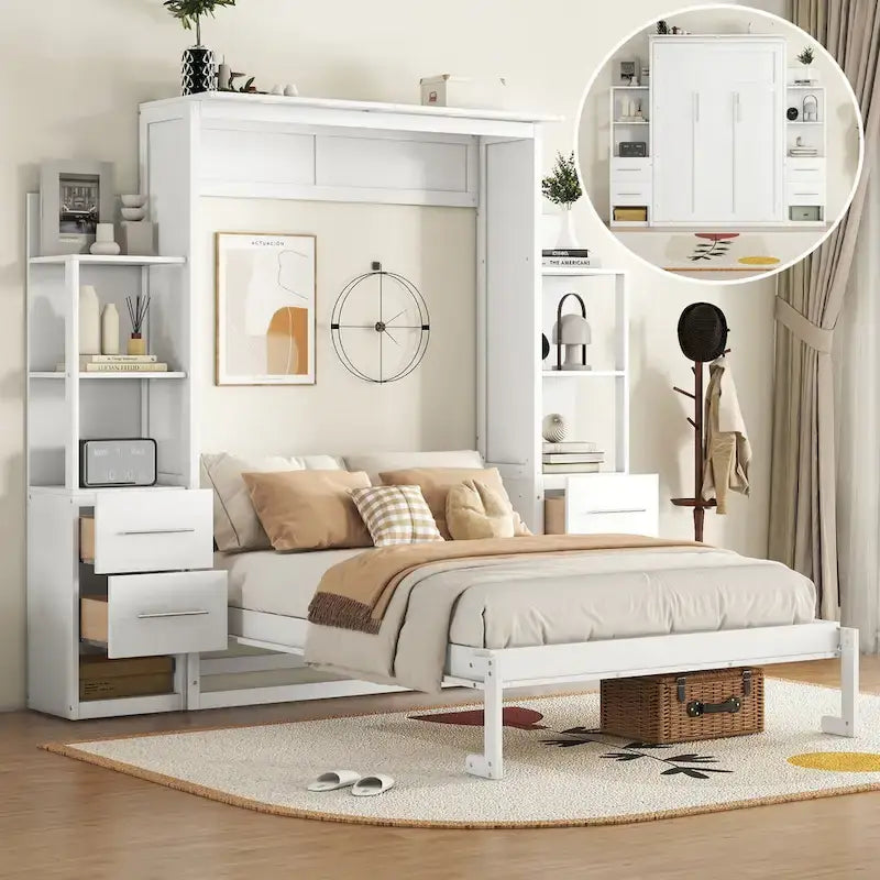 Lit escamotable mural pleine grandeur gris/blanc avec étagères, tiroirs et lumières LED – 1 place