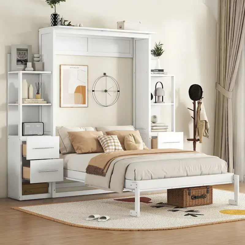 Lit escamotable mural pleine grandeur gris/blanc avec étagères, tiroirs et lumières LED – 1 place