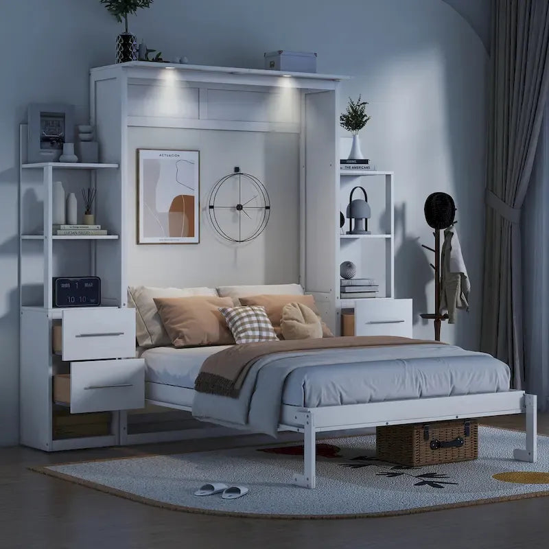 Lit escamotable mural pleine grandeur gris/blanc avec étagères, tiroirs et lumières LED – 1 place