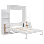 Lit escamotable mural pleine grandeur gris/blanc avec étagères, tiroirs et lumières LED – 1 place
