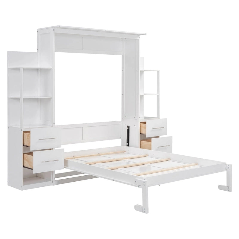 Lit escamotable mural pleine grandeur gris/blanc avec étagères, tiroirs et lumières LED – 1 place