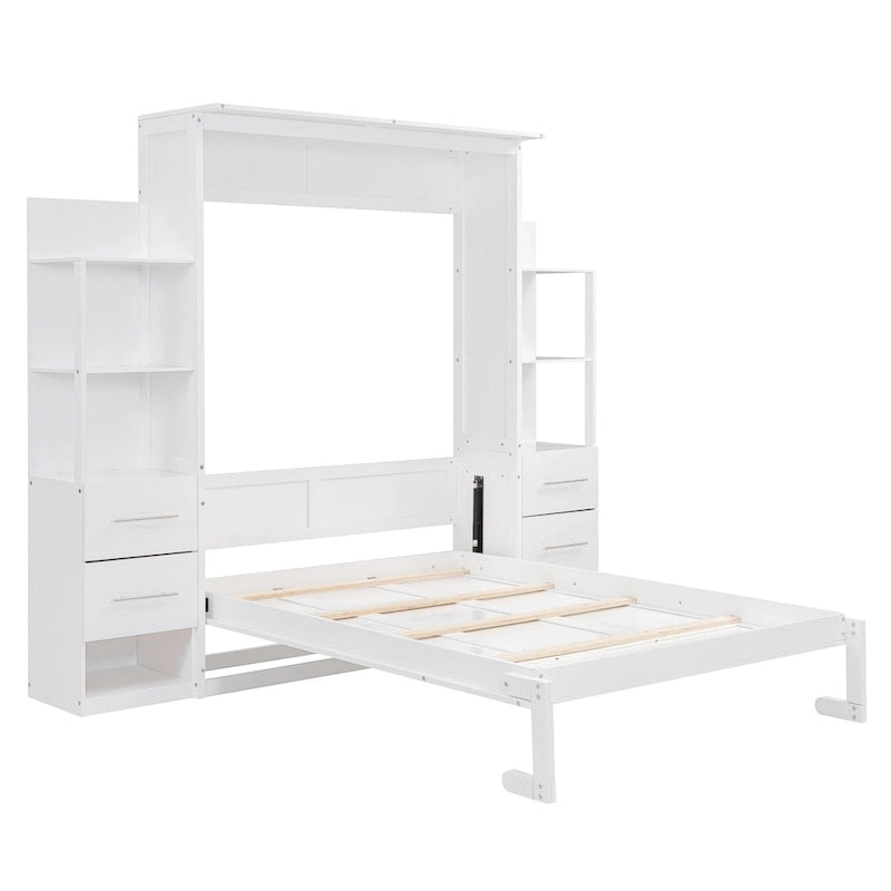 Lit escamotable mural pleine grandeur gris/blanc avec étagères, tiroirs et lumières LED – 1 place