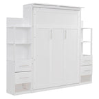 Lit escamotable mural pleine grandeur gris/blanc avec étagères, tiroirs et lumières LED – 1 place