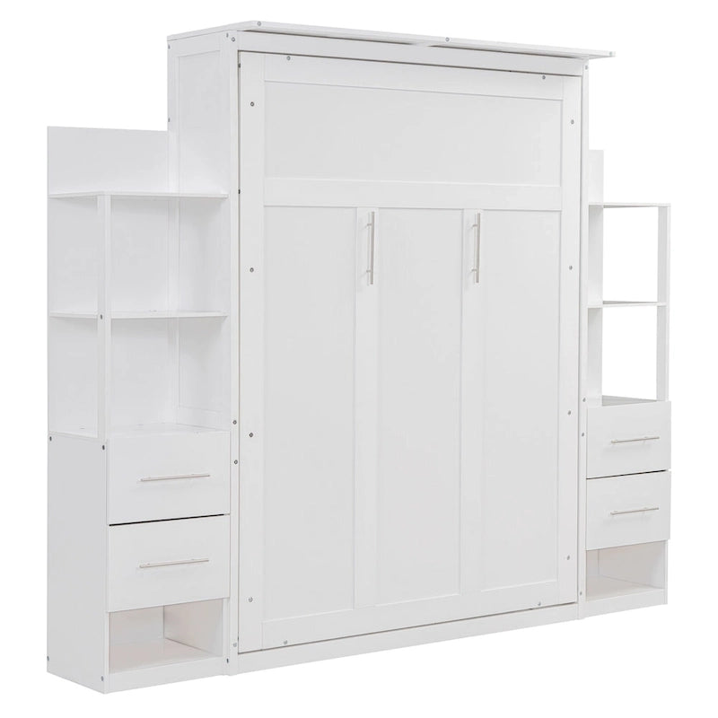 Lit escamotable mural pleine grandeur gris/blanc avec étagères, tiroirs et lumières LED – 1 place
