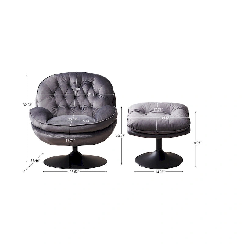 Fauteuil de salon pivotant en velours gris/bleu/vert/olive avec ottoman, 1 personne
