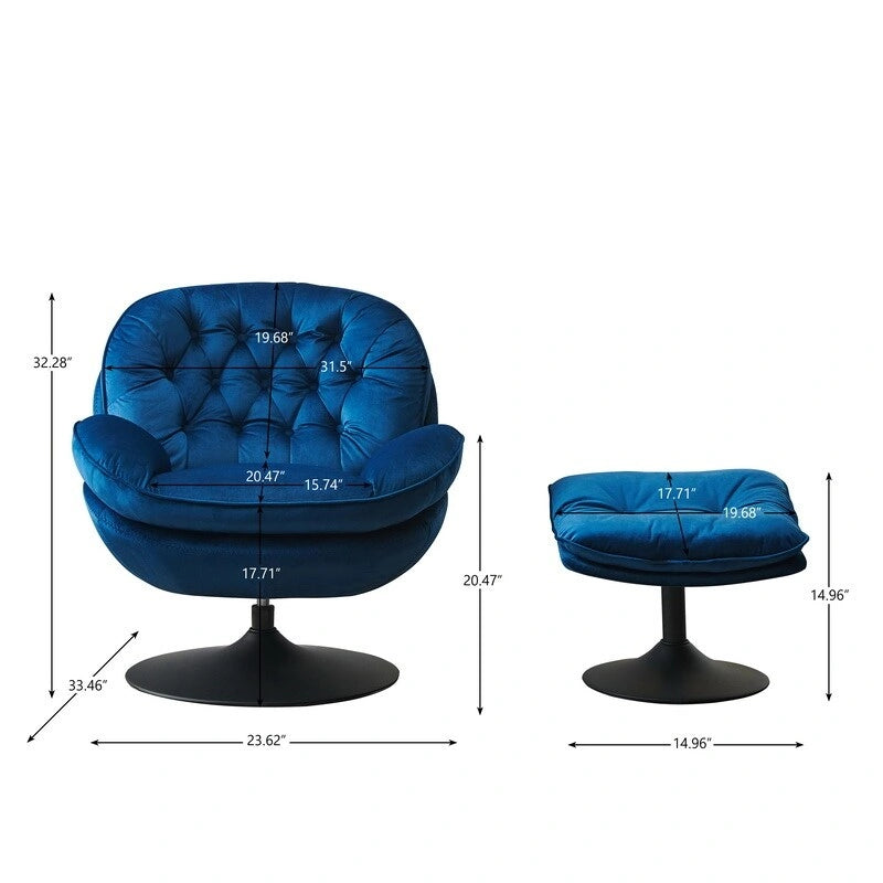 Fauteuil de salon pivotant en velours gris/bleu/vert/olive avec ottoman, 1 personne