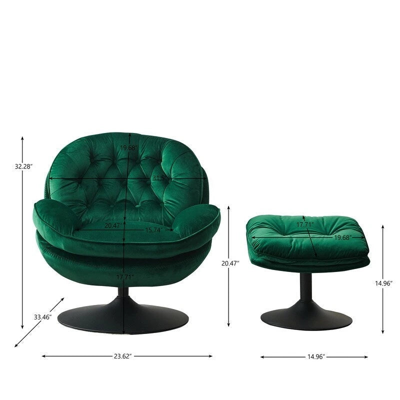 Fauteuil de salon pivotant en velours gris/bleu/vert/olive avec ottoman, 1 personne