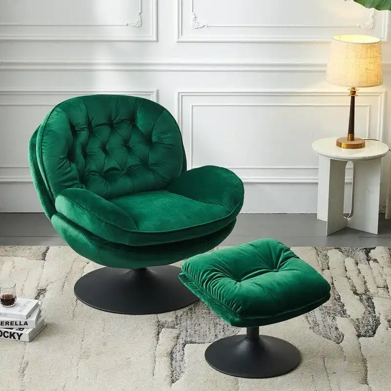 Fauteuil de salon pivotant en velours gris/bleu/vert/olive avec ottoman, 1 personne