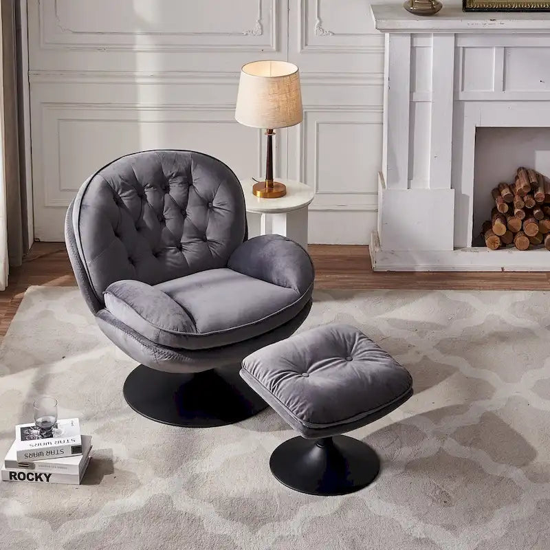 Fauteuil de salon pivotant en velours gris/bleu/vert/olive avec ottoman, 1 personne