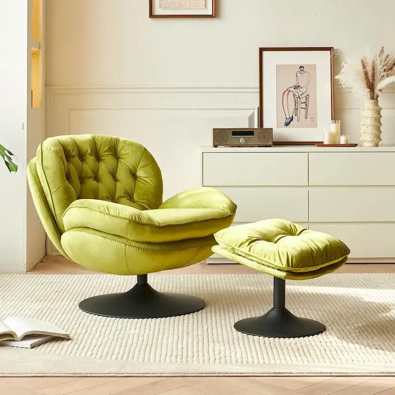 Fauteuil de salon pivotant en velours gris/bleu/vert/olive avec ottoman, 1 personne