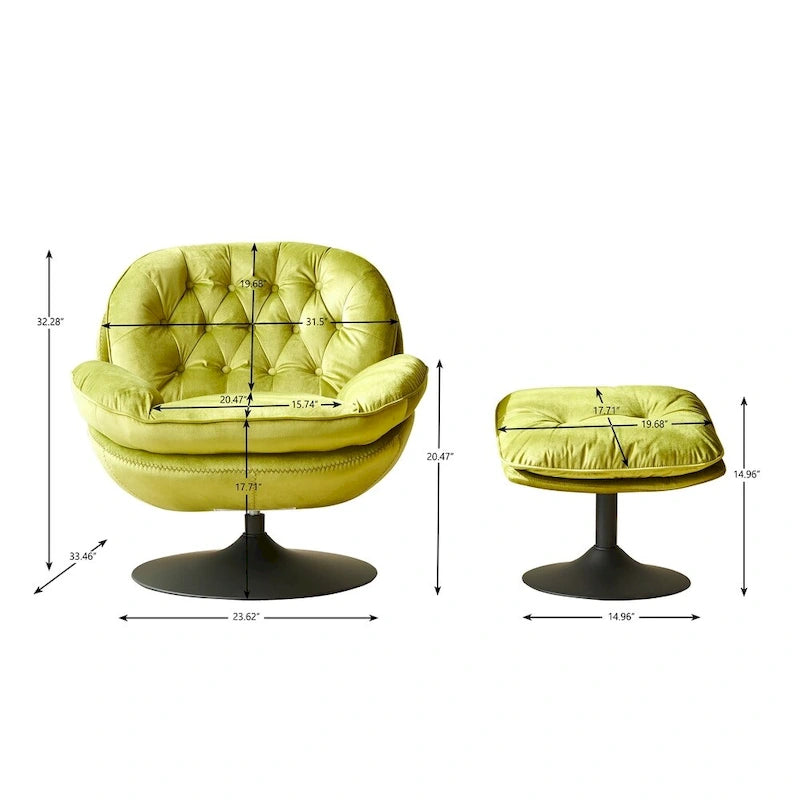 Fauteuil de salon pivotant en velours gris/bleu/vert/olive avec ottoman, 1 personne