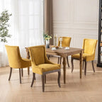Chaises de salle à manger hautes en tissu jaune/bordeaux avec pieds en bois et clous décoratifs, lot de 2