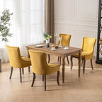 Chaises de salle à manger hautes en tissu jaune/bordeaux avec pieds en bois et clous décoratifs, lot de 2