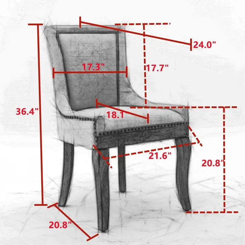 Chaises de salle à manger hautes en tissu jaune/bordeaux avec pieds en bois et clous décoratifs, lot de 2