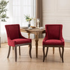 Chaises de salle à manger hautes en tissu jaune/bordeaux avec pieds en bois et clous décoratifs, lot de 2