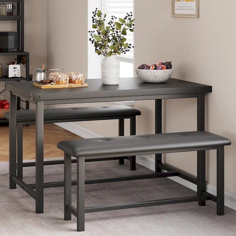 Ensemble de table à manger et banc rembourré noir/marron/gris pour 4 personnes
