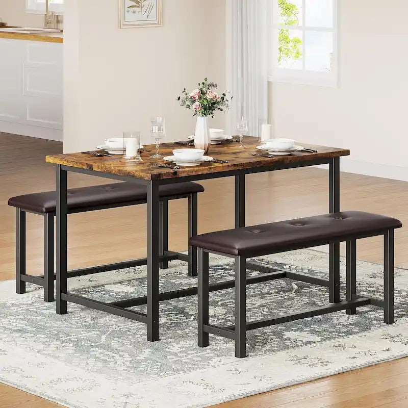 Ensemble de table à manger et banc rembourré noir/marron/gris pour 4 personnes