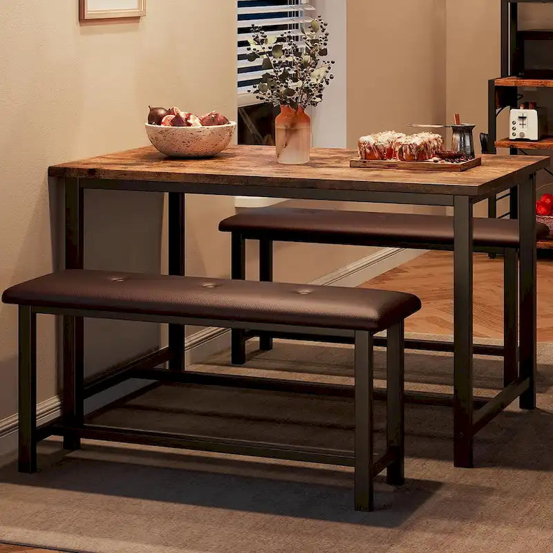 Ensemble de table à manger et banc rembourré noir/marron/gris pour 4 personnes