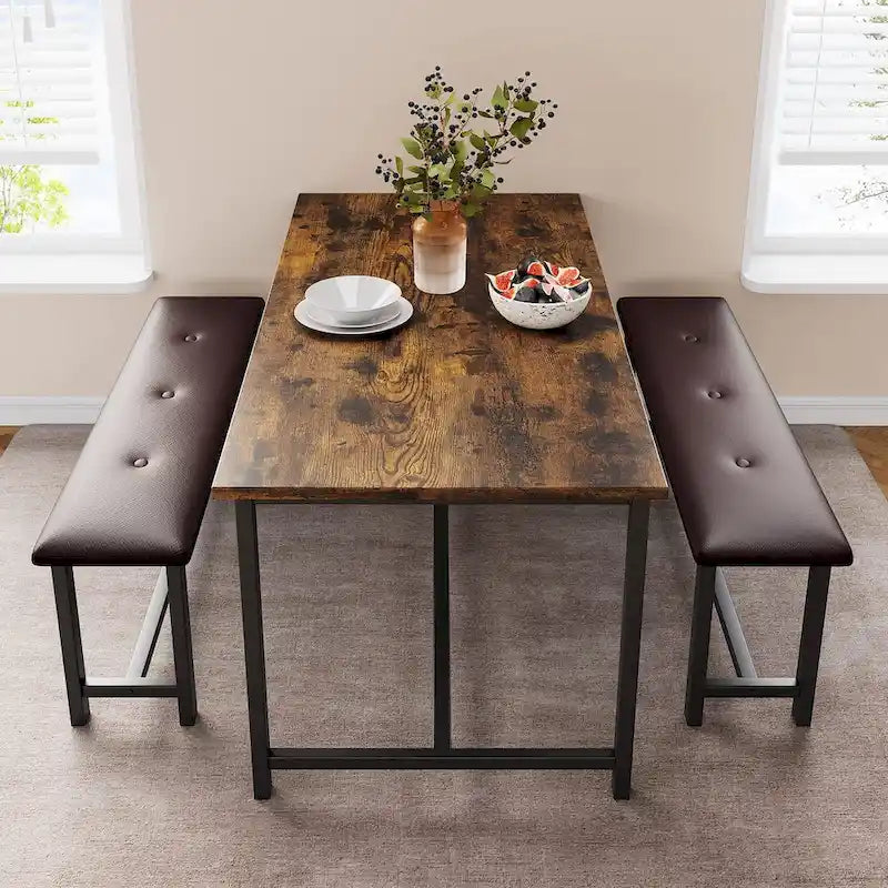 Ensemble de table à manger et banc rembourré noir/marron/gris pour 4 personnes