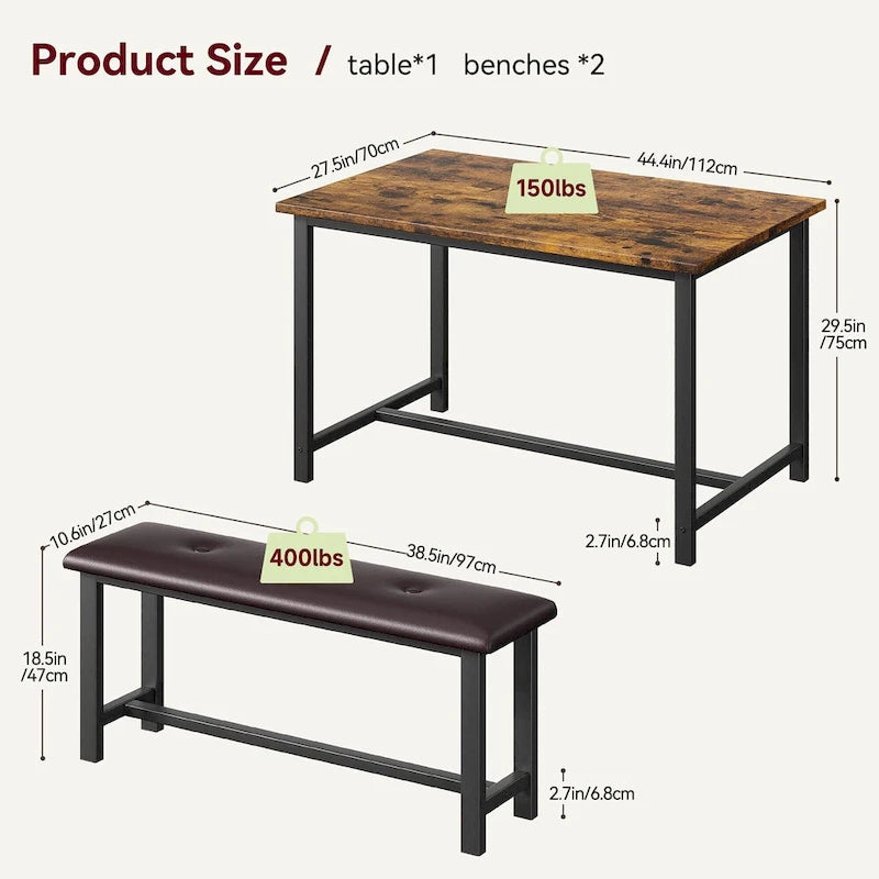 Ensemble de table à manger et banc rembourré noir/marron/gris pour 4 personnes