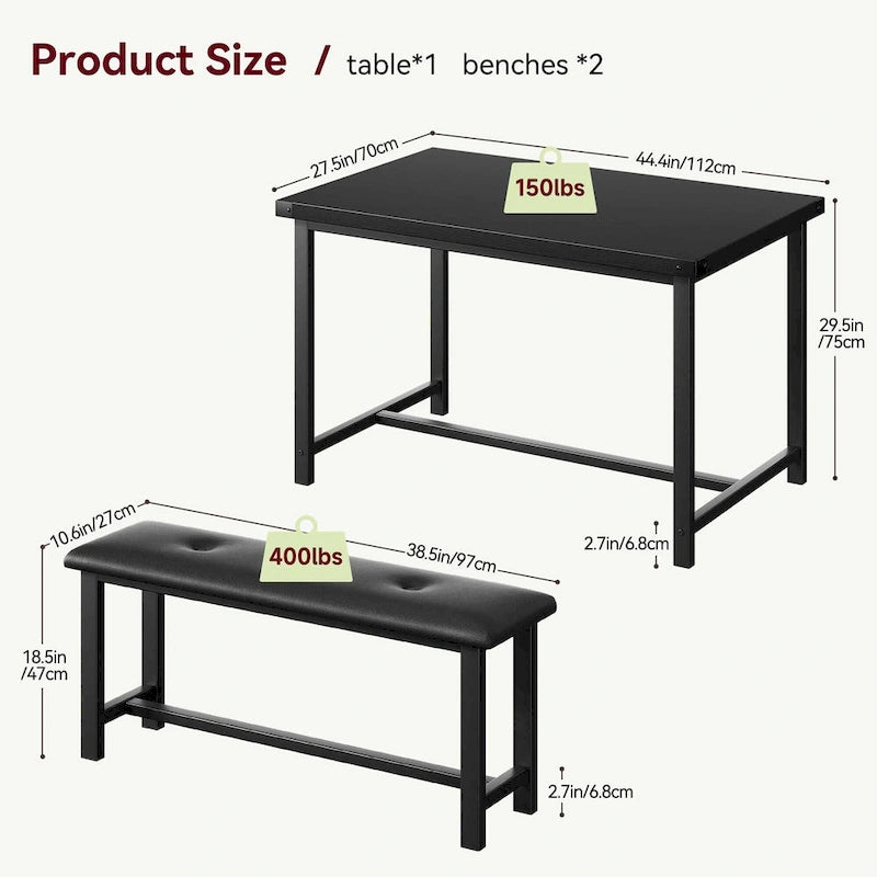 Ensemble de table à manger et banc rembourré noir/marron/gris pour 4 personnes