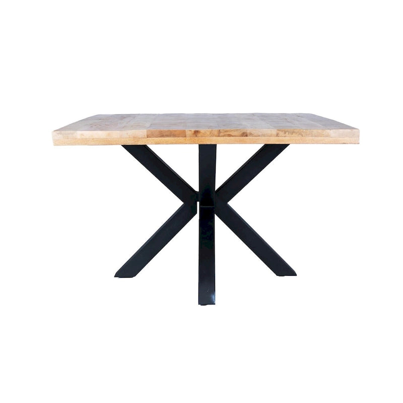 Table à manger carrée noire, manguier et piétement araignée en métal, 4 places