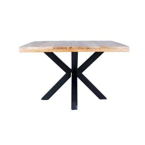 Table à manger carrée noire, manguier et piétement araignée en métal, 4 places