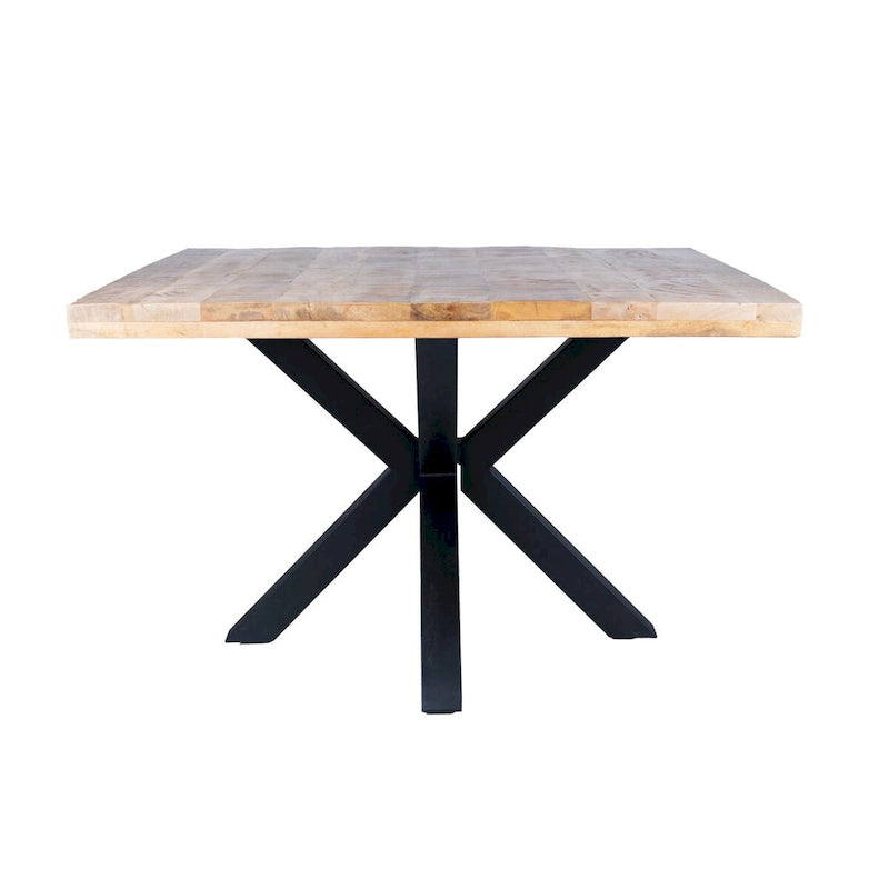 Table à manger carrée noire, manguier et piétement araignée en métal, 4 places