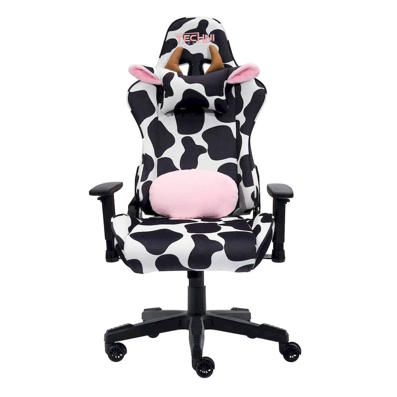 Fauteuil de jeu réglable noir et rose à motif vache, un siège