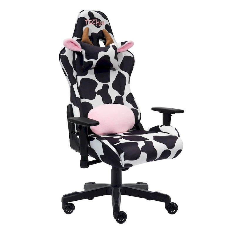 Fauteuil de jeu réglable noir et rose à motif vache, un siège