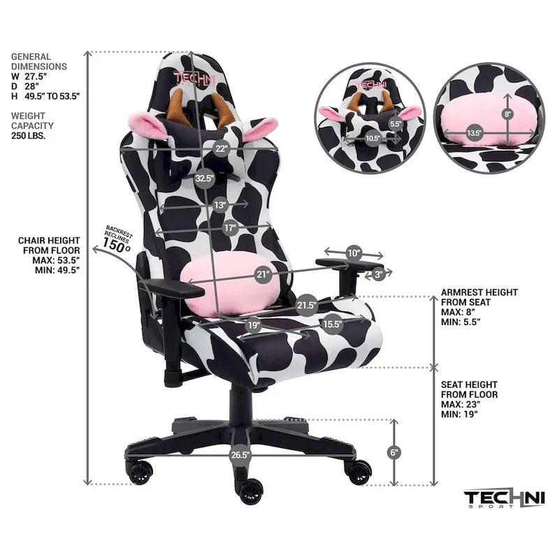 Fauteuil de jeu réglable noir et rose à motif vache, un siège