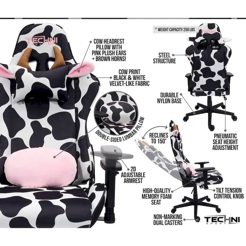 Fauteuil de jeu réglable noir et rose à motif vache, un siège