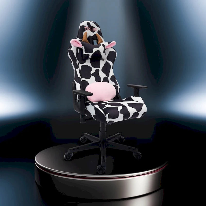 Fauteuil de jeu réglable noir et rose à motif vache, un siège