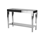 Console miroir argentée avec plateau et étagère inférieure en bois