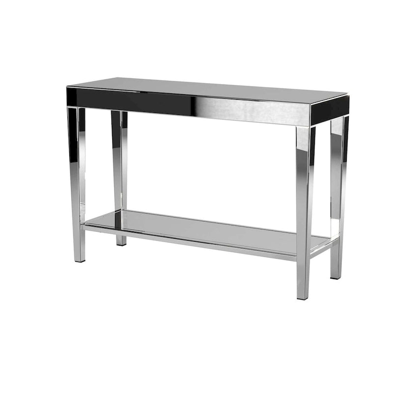 Console miroir argentée avec plateau et étagère inférieure en bois