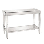 Console miroir argentée avec plateau et étagère inférieure en bois