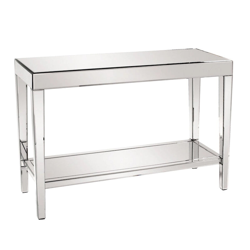 Console miroir argentée avec plateau et étagère inférieure en bois