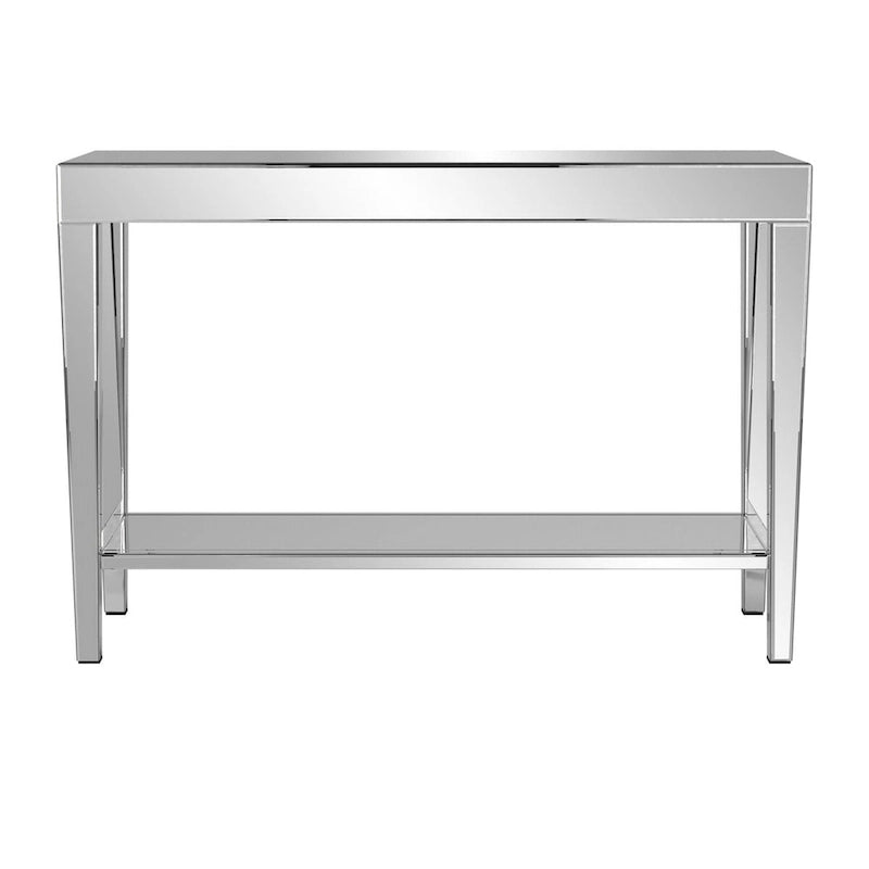 Console miroir argentée avec plateau et étagère inférieure en bois