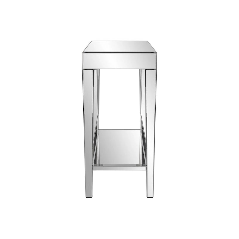 Console miroir argentée avec plateau et étagère inférieure en bois